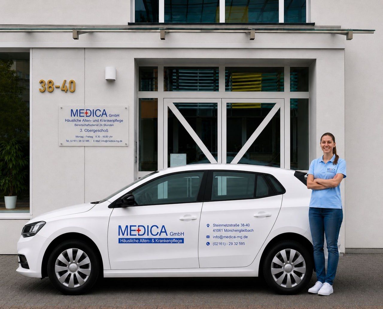 Eingang und Fahrzeug der MEDICA GmbH in Mönchengladbach